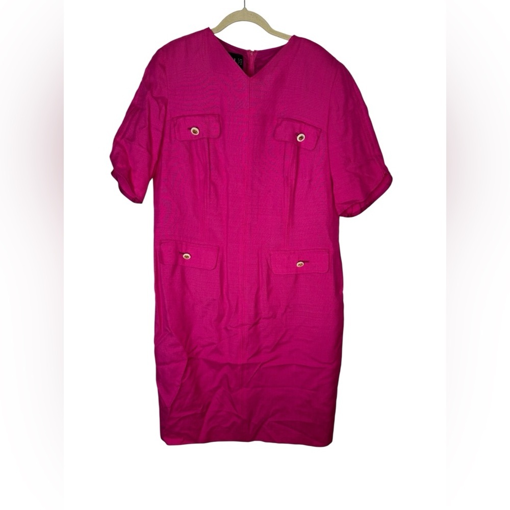 💖 Vintage Louis Féraud Pink Silk Blend Shift Dress Gold Button Detail Sz 14 💖